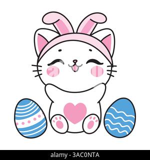 Cute Kawaii Kitten Cat Character Wearing Bunny Ears. Adorable Hand Drawn Easter Animal Vector Illustration. Stock Vector