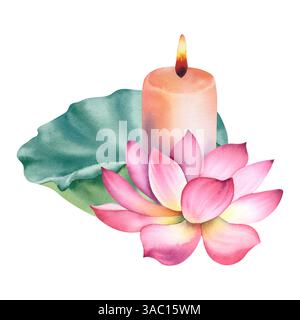 Pink lotus flowers and leaves with a candle. A hand-drawn watercolor illustration. Indian composition with a lotus. Chinese water lily. A template for Stock Photo