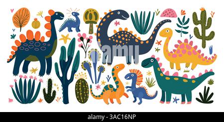Colorful dinosaur and plant collection in a playful prehistoric scene, ideal for toddler books, jungle-themed decor, or educational children graphics Stock Vector