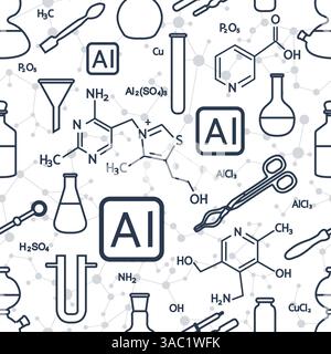 Seamless pattern Use an artificial intelligence in Science. AI helps to conduct research, make scientific discoveries in medicine, biology, chemistry, Stock Vector