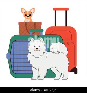 pet travel. Fluffy Samoyed dog inside a pet carrier with suitcases Minimalist and modern design, perfect for pet transport and travel. Stock Vector