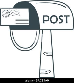 Open postbox with letter doodle sketch style. Delivery and receipt of letters and correspondence. Black outline illustration mailbox, vector graphics Stock Vector