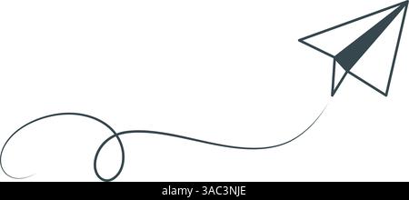 Paper airplane with trajectory motion doodle sketch style illustration. Black line icon of airplane in flight. Concept of sending and receiving mail Stock Vector
