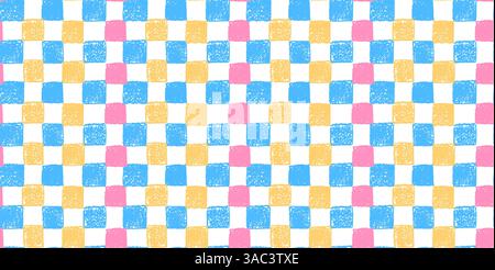 Gingham seamless pattern. Mosaic ornament with jagged red blue yellow squares drawn with colorful charcoal. Modern background painted by color chalk Stock Vector