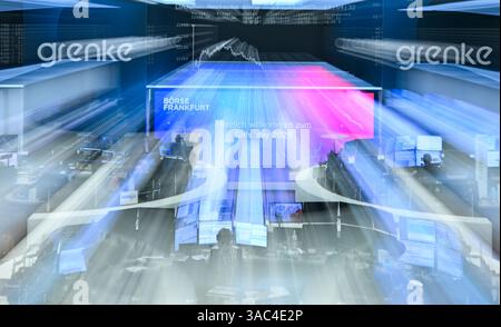 03 April 2025, Hesse, Frankfurt/Main: The display board with the Dax curve in the trading hall of the Frankfurt Stock Exchange shows a falling price trend (image with zoom effect). The tariff package announced by US President Trump has pushed share prices sharply into negative territory. Photo: Arne Dedert/dpa Stock Photo
