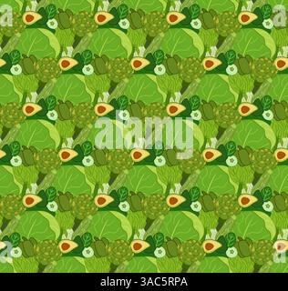 Food background, green vegetables close up seamless pattern. Vector flat Healthy eating Vegetarian, farm grocery store illustration for menu, package, Stock Vector