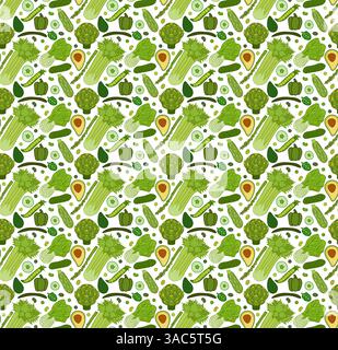 Farm fresh green vegetables seamless close up pattern. Flat style vector illustration. for package, kitchen design, fabric and textile. Eat green Stock Vector
