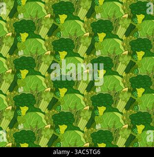 Farm fresh green vegetables seamless pattern. Flat style vector illustration. for package, kitchen design, fabric and textile. Eat green Stock Vector
