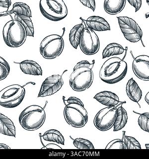 Farm fresh plums seamless pattern. Vector hand drawn sketch illustration of fruits harvest. Label package background. Wrapping paper, textile print de Stock Vector