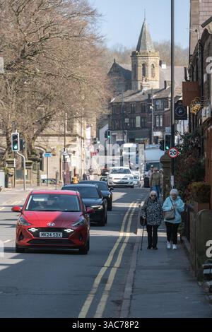 A view along High Street in Uppermill, in the Saddleworth district of Greater Manchester. Stock Photo