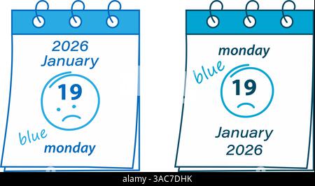 2026 January 19 Calendar page Blue Monday Holiday date Greeting Design concept Monochrome blue Set 2. Isolated Vector illustration Greeting Thematic cards, poster or web promo banner, leaflet, posting Stock Vector