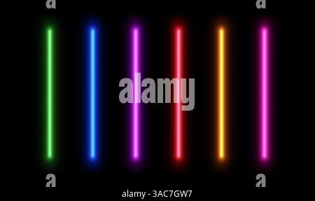 Neon led line light. Glow laser stripe. Electric beam divider. Set of stick lamps for game design isolated on black background. Stock Vector