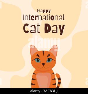 happy international cat day poster with ginger cat flat vector illustration. Stock Vector