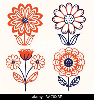 A collection of four stylized flower illustrations in orange and navy blue. The set features two large flowers with intricate petal designs. Stock Vector