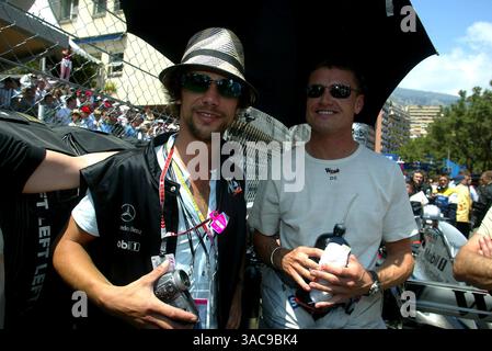 David Coulthard (GBR) McLaren, right, stands with singer and racing fan Jay Kay (GBR) from the pop/funk group Jamiroquai..Monaco Grand Prix, Monte Carlo, Monaco, 26 May 2002..DIGITAL IMAGE. (Credit Image: ©Sutton Motorsports/ZUMA Press) Stock Photo