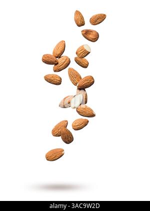 Shelled almonds floating isolated on white background. Stock Photo