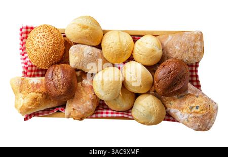 Fresh baked bread in wooden box isolated on white background, top view Stock Photo