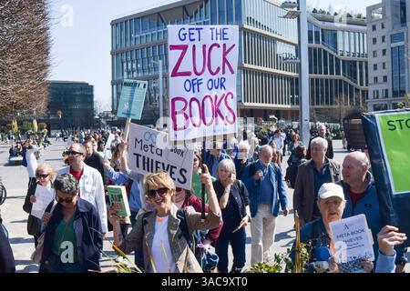 London, UK. 3rd April 2025. Book authors and publishing professionals march to Meta offices in King's Cross in protest over the Facebook owner's use of copyrighted books to train artificial intelligence. Credit: Vuk Valcic/Alamy Live News Stock Photo