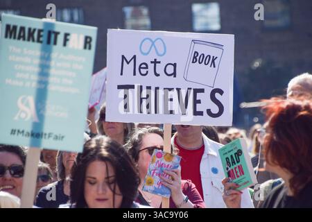 London, UK. 3rd April 2025. Book authors and publishing professionals march to Meta offices in King's Cross in protest over the Facebook owner's use of copyrighted books to train artificial intelligence. Credit: Vuk Valcic/Alamy Live News Stock Photo
