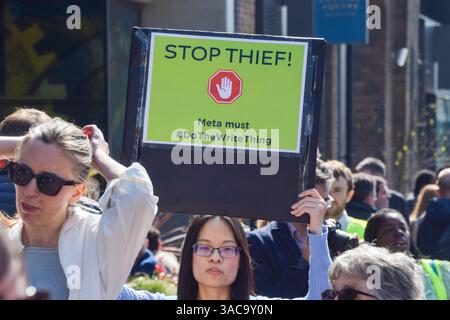 London, UK. 3rd April 2025. Book authors and publishing professionals march to Meta offices in King's Cross in protest over the Facebook owner's use of copyrighted books to train artificial intelligence. Credit: Vuk Valcic/Alamy Live News Stock Photo