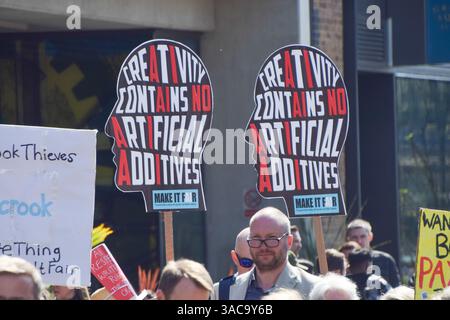 London, UK. 3rd April 2025. Book authors and publishing professionals march to Meta offices in King's Cross in protest over the Facebook owner's use of copyrighted books to train artificial intelligence. Credit: Vuk Valcic/Alamy Live News Stock Photo