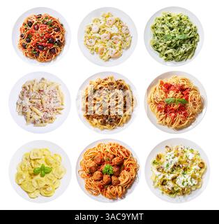 Set of various plates of pasta isolated on white background, top view Stock Photo