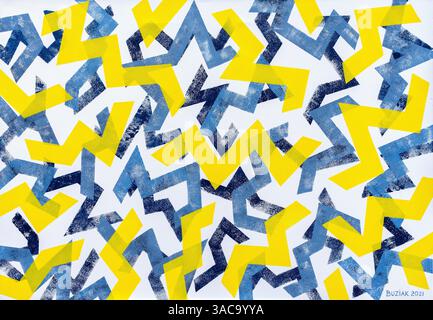 Abstract acrylic artwork painted in 2022 by Ed Buziak, titled "Defence Strategy" - France. Stock Photo