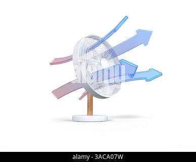 a working fan with rotating propeller and airflow represented by arrows - 3D rendering Stock Photo