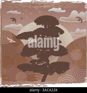 Sunset Eastern Landscape Illustration with Hills, Birds and Tree - Color of the Year 2025 Mocha Mousse Stock Vector