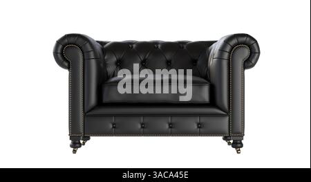 Luxurious black leather chesterfield armchair on transparent background 3d Stock Photo