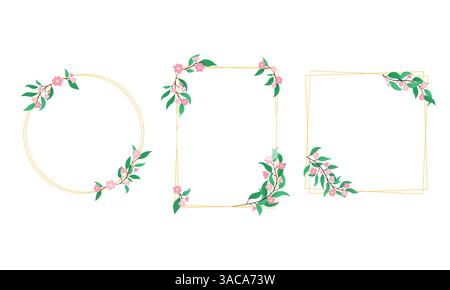 Cute floral frames vector set. Elegant golden lines and pink flowers isolated on white background. Decorative blossom design elements. Botanical Stock Vector