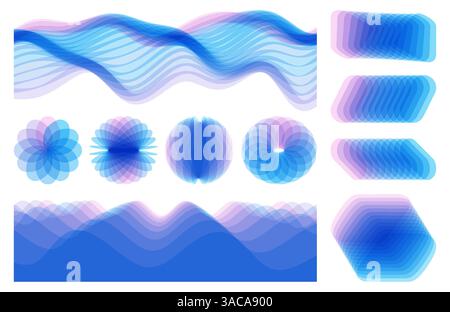Abstract wavy background made of many overlapping stripes and with dynamic effect. Ocean seascape. Sea surface. A set of geometric shapes: sphere, par Stock Vector