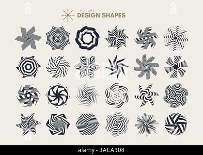 Set of striped minimalist shapes with optical illusion effect. Emblems or geometric shapes for your design. 3D illustration for brochure, card, cover, Stock Vector