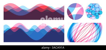 Set of spheres made of various overlapping elements. Abstract ocean seascape. Sea surface. Nature background. Cover design template. 3d vector illustr Stock Vector