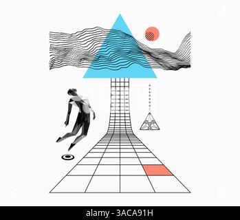 Art composition. 3D model of human body floating in virtual space. Astral travelling outside the body. Spiritual concept of reincarnation. Lattice str Stock Vector