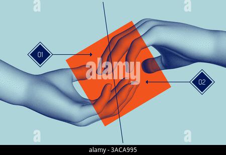 Hands reaching towards each other. Concept of human relation, togetherness or  partnership. 3D vector illustration. Can be used for advertising, marke Stock Vector