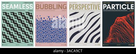 Cover design template. Wavy pattern with optical illusion. Abstract striped background. Array with dynamic emitted particles. Vector for brochure, pos Stock Vector