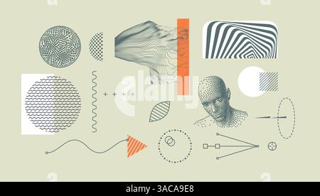 Discovery, studying and learning concept. Time to think. Man scientist thinking. Art composition. A collection of abstract shapes and lines on a green Stock Vector
