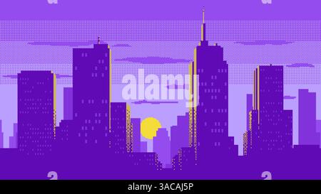 Sunset or sunrise over a modern city pixel art. Sunlight illuminates the silhouettes of buildings and skyscrapers. City landscape video game backgroun Stock Vector