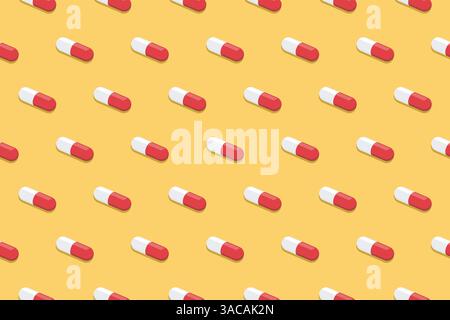 Pharmaceutical medicine pills. Capsule pattern isolated on yellow background. Medicine creative concept Stock Vector