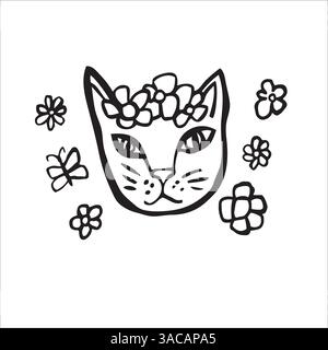 Vector outline Cat head with flowers. Stock Vector