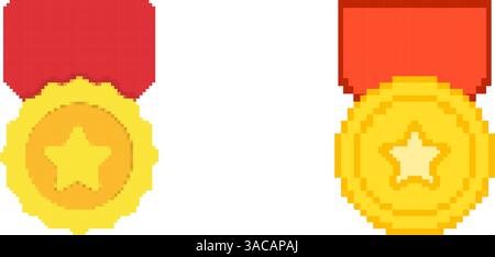 Golden Star Medal Pixelated Icon. Pixel Art Symbol Of Award Medals With ...