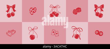 Set of girly coquette flirtatious elements for valentines day, wedding, bachelorette party, birthday, casino, gambling designs. Feminine pink backgrou Stock Vector