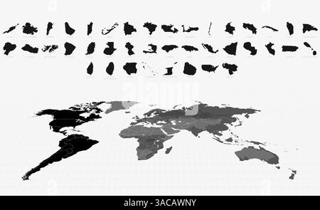 Black Maps of American Nations on a Highlighted Global Map. Big Maps Collection. Stock Vector