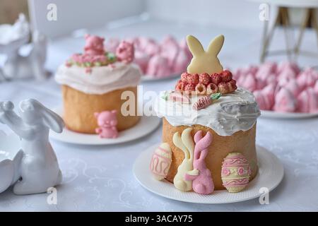 Serene sweetness abounds, pastel delights tempt, evoking childlike joy and comforting traditions, a perfect springtime centerpiece. Stock Photo