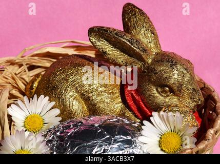 Easter Bunny Silver Egg and Flowers Stock Photo