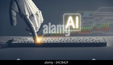 Artificial intelligence. Robot hand pressing button on computer keyboard. Virtual abbreviation AI with pattern and graphs Stock Photo