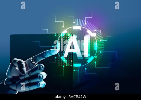 Artificial intelligence. Robot hand touching virtual screen with abbreviation AI on blue gradient background Stock Photo