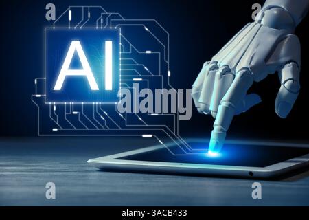 Artificial intelligence. Robot hand touching tablet on dark background. Virtual chip with abbreviation AI and circuit board pattern Stock Photo