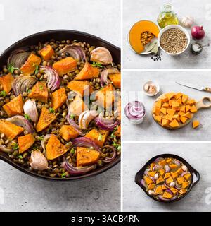 Roasted lentils with pumpkin, garlic and red onion, step-by-step cooking process, collage, cooking instructions, do it yourself Stock Photo
